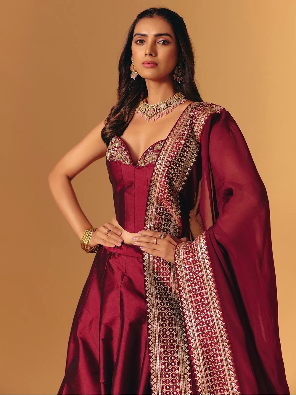 Maroon silk lehenga choli, corset blouse - Picture 7 of 8